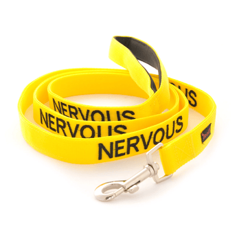 White background with an yellow Dexil lead with the word 'Nervous' stitched in black.