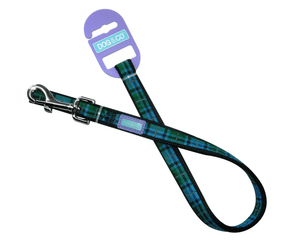 White background with a blue tartan dog lead with a metal clip with a purple tag with 'Dog & Co' on it. 