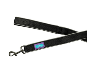White background with a Dog and Co Padded Reflective Nylon lead in black with reflective edging and stitching. With a purple tab with 'Dog & Co.' written on it. 