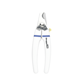 White background with a pair of steel and white Doggyman plier-style nail clippers with 'Doggyman' written on the handle. 
