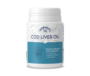 White background with a white and blue tub of Dorwest Cod Liver Oil tablets. On the pack is a blue banner with white text 'Promotes healthy skin, coat & supple joints, for dogs & cats, Uniquely formulated, GMP standard'. 
