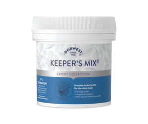 White background with a white and blue tub of Dorwest Keeper's Mix. On the pack is a blue banner with white text 'Everyday herbal health for the whole body, For dogs & cats, Uniquely formulated, 100% natural, herbal ingredients'. 