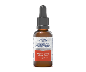 White background with a bottle of Dorwest Valerian Compound, the label on the bottle is white and red. Additional text on the bottle states 'Helps to quickly calm & relax for dogs & cats' 