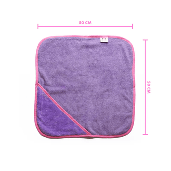 White background with a purple DOT DOT DOG Bamboo dog towel with pink piping. With measurements indicating width of 50cm and height of 50cm.