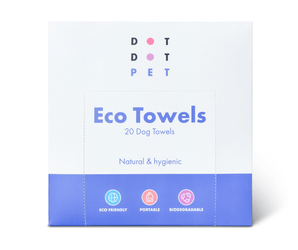 White background with a white and blue box of 20 DOT DOT PET Eco Towels, text on the box states '20 Dog Towels, Natural & hygienic, Eco friendly, Portable and Biodegradable'. 
