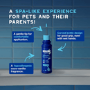 Blue tiled background with a blue bottle of Douxo Ultra-safe ear cleaner with aqua blue nozzle.  Text above states 'A spa-like experience for pets and their parents!' Below are blue boxes with white text 'A gentle tip for comfortable application, Curved bottle design for good grip, even with wet hands, A hypoallergenic coco-vanilla fragrance.'