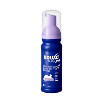 White background with a blue bottle of Douxo Ultra-safe Leave-on Mousse with a purple pump. 