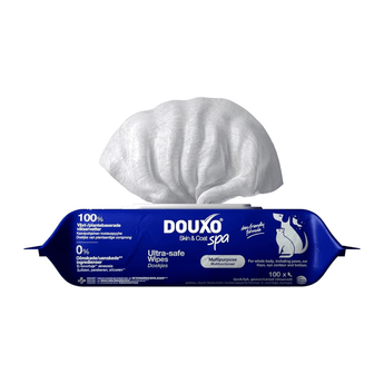 White background with a blue packet of Douxo Ultra-safe pet grooming wipes, with a single wipe sticking out of the packet.