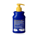 White background with a back view of a  blue bottle of Douxo Ultra-safe Oatmeal Shampoo  with yellow pump. 
