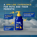 Blue tiled background with a blue bottle of Douxo Ultra-safe Oatmeal Shampoo  with yellow pump.  Text above states 'A spa-like experience for pets and their parents!' Below are blue boxes with white text 'Curved bottle design for good grip, even with wet hands, An easy to use one-handed pump, A hypoallergenic coco-vanilla fragrance.' 