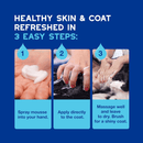 Blue background with text 'Healthy skin & coat refreshed in 3 easy steps:' with three pictures of black and white dog being cleaned with Douxo Mousse. Text on a purple background says '1. Spray mousse into your hand, 2. Apply directly to the coat, 3. Massage well and leave to dry. Brush for a shiny coat.' 