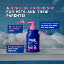 Blue tiled background with a blue bottle of Douxo Ultra-safe Itch-Soothing shampoo with pink pump.  Text above states 'A spa-like experience for pets and their parents!' Below are blue boxes with white text 'Curved bottle design for good grip, even with wet hands, An easy to use one-handed pump, A hypoallergenic coco-vanilla fragrance.' 