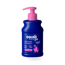 White background with a blue bottle of Douxo Ultra-safe Itch Soothing Shampoo with pink pump. 