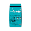 White background with an blue bag of Dr.John Flake with Chicken dry food. Pictured on the bag is an illustrated Labrador dog in a farm field. 