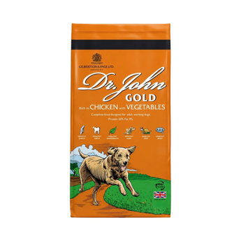 White background with a orange bag of Dr.John Gold Chicken and Vegetables dry food. Pictured on the bag is an illustrated Labrador dog in a farm field. 