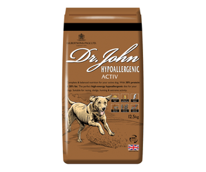 White background with an brown bag of Dr.John Hypoallergenic ACTIV dry food. Pictured on the bag is an illustrated Labrador dog in a farm field. 