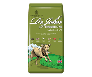 White background with an green bag of Dr.John Hypoallergenic Lamb and Rice dry food. Pictured on the bag is an illustrated Labrador dog in a farm field. 