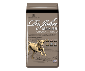 White background with an brown bag of Dr.John Grain Free Chicken and Potato dry food. Pictured on the bag is an illustrated Labrador dog in a farm field. 