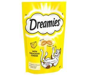 White background with a yellow packet of Dreamies with Delicious Cheese pictured. On the packet is an illustrated cartoon cat on it's back with an image of the treats above it and an illustrated piece of cheese. Text on the pack reads 'Dreamies, soft inside, crunchy outside, with delicious cheese.' 