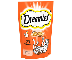 White background with a orange packet of Dreamies with Tasty Chicken pictured. On the packet is an illustrated cartoon cat on it's back with an image of the treats above it and an illustrated chicken. Text on the pack reads 'Dreamies, soft inside, crunchy outside, with tasty chicken.' 