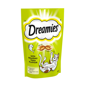 White background with a green packet of Dreamies with Heavenly Tuna pictured. On the packet is an illustrated cartoon cat on it's back with an image of the treats above it and an illustrated fish. Text on the pack reads 'Dreamies, soft inside, crunchy outside, with Heavenly Tuna.' 