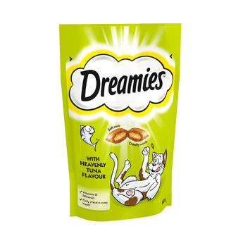White background with a green packet of Dreamies with Heavenly Tuna pictured. On the packet is an illustrated cartoon cat on it's back with an image of the treats above it and an illustrated fish. Text on the pack reads 'Dreamies, soft inside, crunchy outside, with Heavenly Tuna.' 