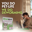 Woman with a cat using a laptop next to a Dronspot spot-on wormer box, with text 'You do pet-life, we do deworming'.
