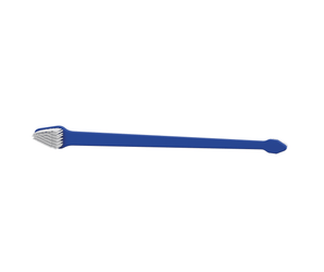 White background with a blue dual ended toothbrush for cats and dogs pictured. 