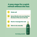 Light green background a green pump bottle of Earth Rated Dog Refresh Mist in the foreground. Behind this is step by step instructions on how to use the deodorising spray.