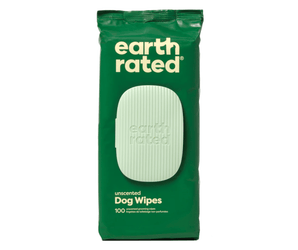 White background with a green packet of Earth Rated Unscented Dog wipes, on the packet is text stating '100 Unscented grooming Wipes'
