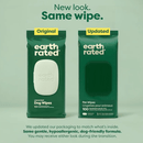 Pale green background with two green packet of Earth Rated Pet Grooming wipes showing the original design and the updated one. Text below 'We updated our packaging to match what's inside. Same gentle, hypoallergenic, pet-friendly formula. You may receive either look during the transition'. 