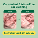 Pale green background with two pictures of the inside of a dog's ear, one with dirt inside showing the before and the other showing the results after cleaning. Below is a yellow banner with green text 'Easily clean wax & dirt build up'. 
