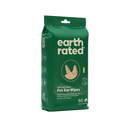 White background with a green packet of Earth Rated Pet Ear wipes, on the packet is an illustrated picture of ears in the centre with text below stating 'Wild oat scent, Pet Ear Wipes'