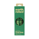 White background with Earth Rated a single roll of poop bags in green cardboard packaging. On the packaging is text 'Unscented Poop Bags, 300'