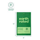 White background with a green Earth Rated Grab & Go Poo bag with measurements indicating height of 13" and width 8", above is a symbol of a roll with text 'Long-lasting bulk format'. 