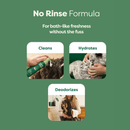 Green background with white text 'No rinse formular, for bath-like freshness without the fuss' with three images below: One with the Earth Rated No Rinse shampoo being applied with text above 'Cleans', the second with it being massaged through the dog's coat with text 'Hydrates' and finallly a dog being wiped down with text 'Deodorises'.