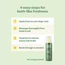 Light green background a green pump bottle of Earth Rated No-Rinse Dog Shampoo in the foreground. Behind this is step by step instructions on how to use the no rinse shampoo.