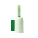 White background with light green Earth Rated poop bag dispenser with a bag sticking out to the side. 