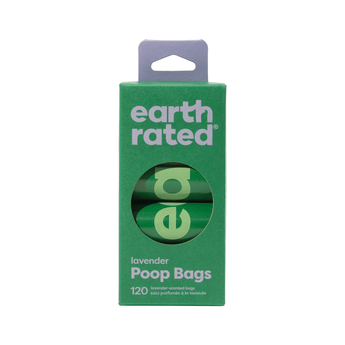 White background with Earth Rated poop bags in green cardboard packaging. On the packaging is text 'Lavender Poop Bags, 120'