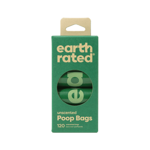 White background with Earth Rated poop bags in green cardboard packaging. On the packaging is text 'Unscented Poop Bags, 120'