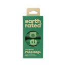 White background with Earth Rated poop bags in green cardboard packaging. On the packaging is text 'Unscented Poop Bags, 120'