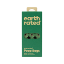 White background with Earth Rated poop bags in green cardboard packaging. On the packaging is text 'Unscented Poop Bags, 315'
