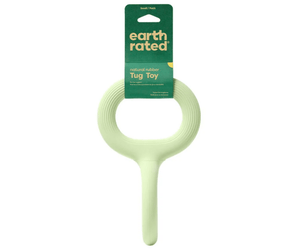 White background with a pale green Small Earth Rated Tug dog toy attached to a dark green cardboard tag.