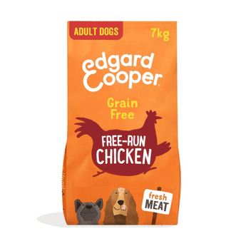 White background with an orange bag of Edgard & Cooper Adult Dog Dry Food Chicken pictured. On the packet is an illustrated French Bulldog and Cocker Spaniel. Text on the pack reads, 'Edgard & Cooper.' A silhouette of a chicken has text inside 'Fresh Chicken' and 'Grain Free' above. 