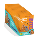 White background with a box of 15 orange packets of Edgard & Cooper Small Bites Chicken pictured. On the packet is an illustrated French Bulldog and Cocker Spaniel. Text on the pack reads, 'Edgard & Cooper, Top Dog Bites, Chicken. Low calorie, yes really.'