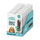 White background with a box of 8 packets of Edgard & Cooper Doggy Dental Sticks pictured. On the packet is an illustrated Spaniel with a teethy grin. Text on the pack reads, 'Edgard & Cooper, Doggy Dental, Extra Long Chew Time' with a picture of a stick treat to the right, text next to it reads 'Cool Mint Oil & Strawberry. Plant based.'  