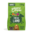 White background with an green bag of Edgard & Cooper Adult Dog Dry Food Lamb pictured. On the packet is an illustrated French Bulldog and Cocker Spaniel. Text on the pack reads, 'Edgard & Cooper.' A silhouette of a sheep has text inside 'Fresh Lamb' and 'Grain Free' below. 