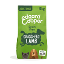 White background with an green bag of Edgard & Cooper Adult Dog Dry Food Lamb pictured. On the packet is an illustrated French Bulldog and Cocker Spaniel. Text on the pack reads, 'Edgard & Cooper.' A silhouette of a sheep has text inside 'Fresh Lamb' and 'Grain Free' above. 