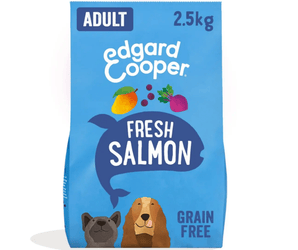 White background with an blue bag of Edgard & Cooper Adult Dog Dry Food Salmon pictured. On the packet is an illustrated French Bulldog and Cocker Spaniel. Text on the pack reads, 'Edgard & Cooper.' A silhouette of a fish has text inside 'Fresh Salmon' and 'Grain Free' below. 