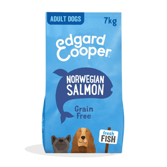 White background with an blue bag of Edgard & Cooper Adult Dog Dry Food Salmon pictured. On the packet is an illustrated French Bulldog and Cocker Spaniel. Text on the pack reads, 'Edgard & Cooper.' A silhouette of a fish has text inside 'Fresh Salmon' and 'Grain Free' above. 
